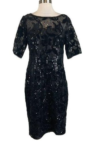 Adrianna Papell Black Sequined Velvet Lace Sheath Cocktail Dress