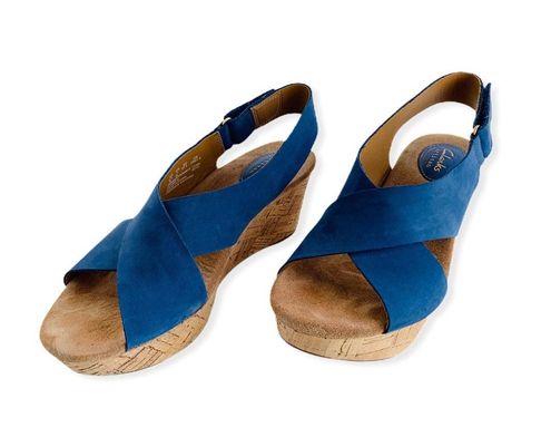 clarks blue wedges