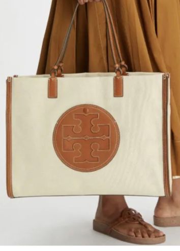 Tory Burch Ella Basketweave Logo Print Canvas Leather Large Tote Bag N –  Design Her Boutique