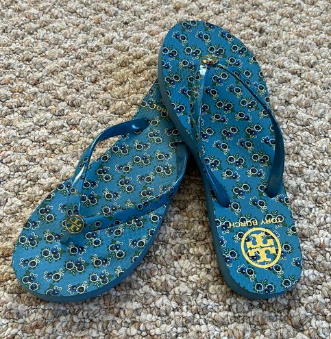 Tory Burch Emory logo flip flops Normady blue floral Size 6 45