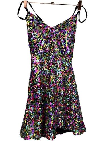 Dance Until Dawn Rainbow Multi Sequin Lace-Up Skater Mini Dress