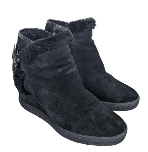 Aquatalia Cameron Black Faux Fur Trimmed Suede Wedge Booties 10.5