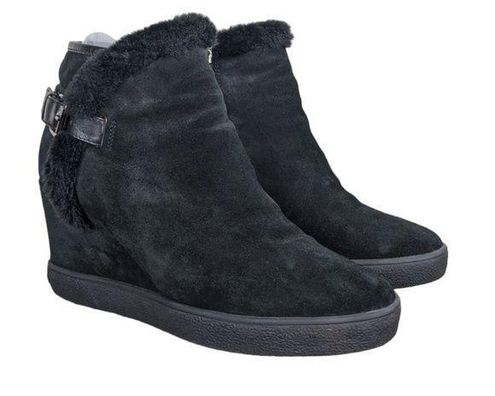 Aquatalia Cameron Black Faux Fur Trimmed Suede Wedge Booties 10.5