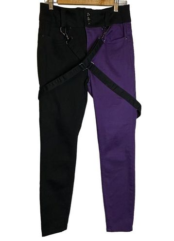 HT Denim Black & Purple Split Suspender Hi-Rise Super Skinny Jeans