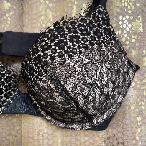 Victoria's Secret Black Cream Floral Lace Metallic Push Up Bra 34C NWOT  Size undefined - $28 - From Jessica