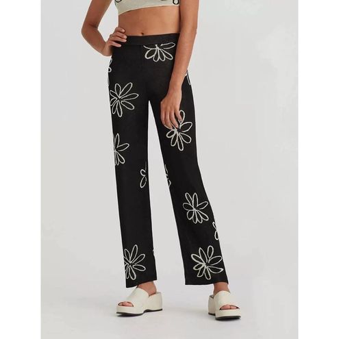 Paloma Wool Pant Iris Knit Floral Jacquard Straight-Leg Black White