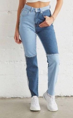 Ragged Priest Equilibrium Patchwork Denim Mom Jeans in Blue Patchwork Denim | Size 26 | 100% Cotton | American Threads