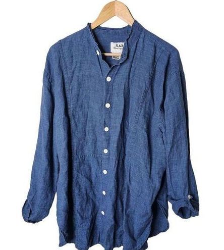 Flax by Jeanne Engelhart Blue Button Down Collarless Tunic 100