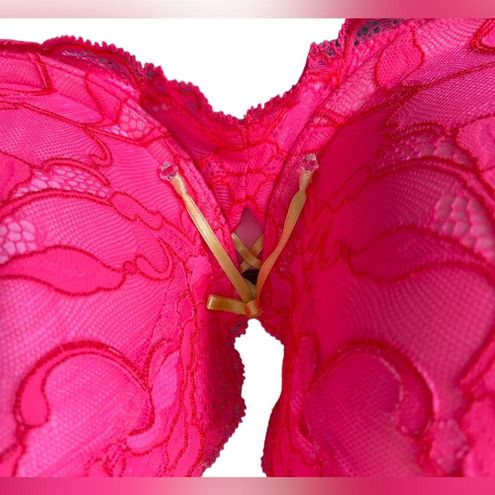 Victoria's Secret Hot Pink Neon Yellow Barbie Floral Lace Balconet