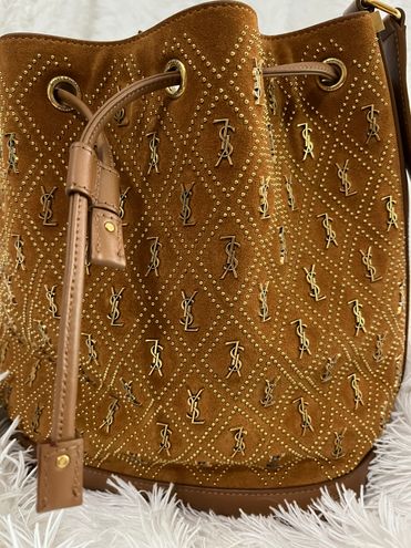 Saint Laurent Le Monogramme Bucket Bag In Studded Suede in Brown