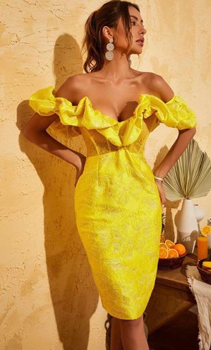 Jacquard Off Shoulder Midi Dress - Yellow