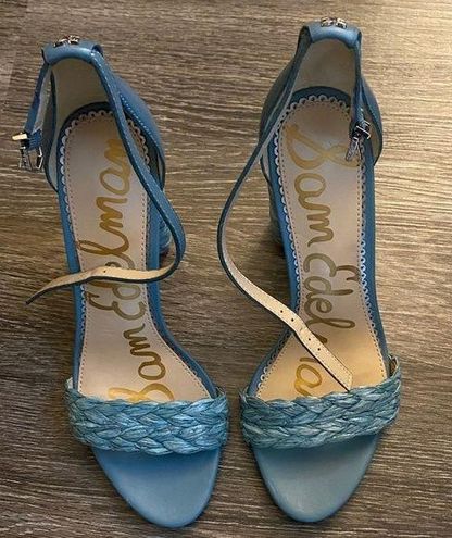 Sam Edelman Ladies Sandals 7M Block Heel Yoana Blue Woven Trim