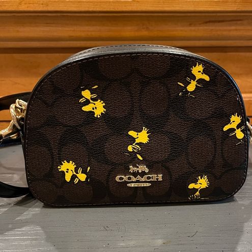 Coach X Peanuts Mini Serena Brown Black Signature Canvas Woodstock  Crossbody Bag 