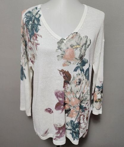 J.Jill White Floral Linen Blend Vneck Vented Long Sleeve Sweater Size Small  - $41 - From Gina