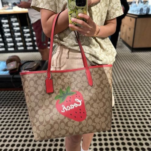 Coach City Tote in Signature Canvas with Wild Strawberry