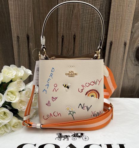 NEW Coach Small Town Bucket Bag +Wallet + DUST Bag SET Diary Embroidery  CHALK