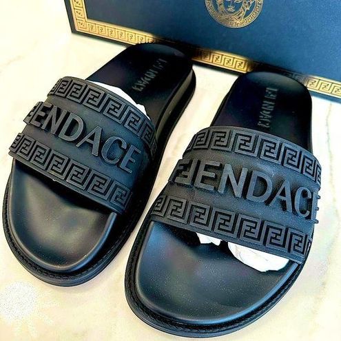 DIY FENDACE SLIDES - FENDI BY VERSACE - HOW TO PUT DESIGNER FABRIC ON SHOES  (CROCS & FAKE CROCS) 