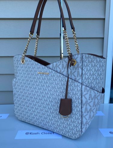 MICHAEL KORS JET SET TRAVEL LARGE X CHAIN SHOULDER TOTE BAG MK VANILLA LOGO