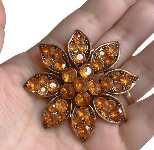 Vintage Brass Tone Gold Orange Rhinestones Summer Flower Pin Brooch - $13 -  From Jenns