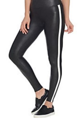 SPANX Faux Leather Shiny LEGGINGS-#20187R-BLACK White Side Stripe