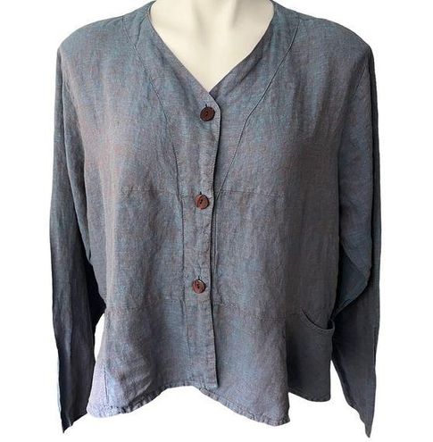 FLAX by Jeanne Engelhart Shirt Size Medium Brown Linen Top Button