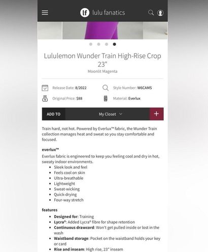 Lululemon Wunder Train High-Rise Crop 23 - Moonlit Magenta - lulu fanatics