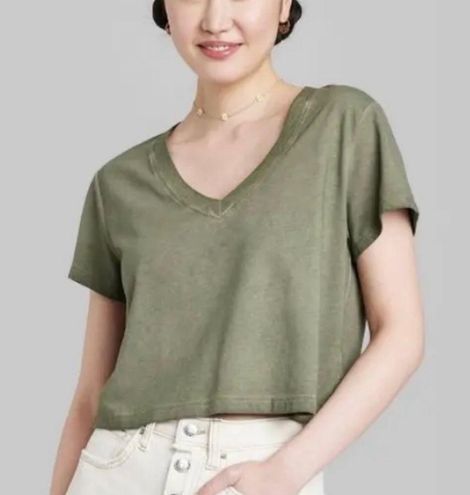 Women's Short Sleeve V-Neck Cropped T-Shirt - Wild Fable™ Olive Green XL