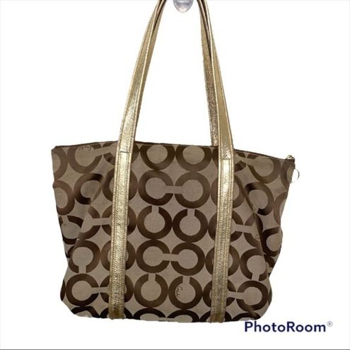 Coach Bag Poppy Signature Op Art Glam Khaki/Gold Tote Bag Y2K