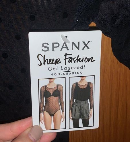 SPANX Sheer Fashion Mesh Thong Bodysuit Flocked Dot MD at