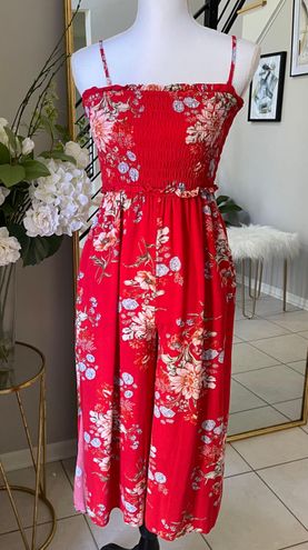 american eagle red floral jumpsuit