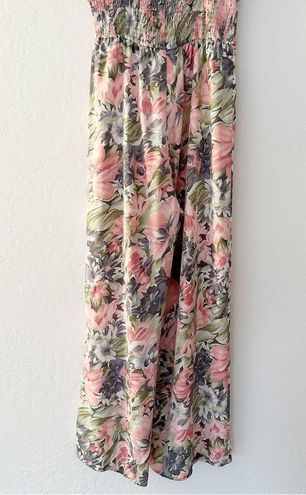 Exquisite Outing Pink Floral Print Tie-Strap Wide-Leg Jumpsuit