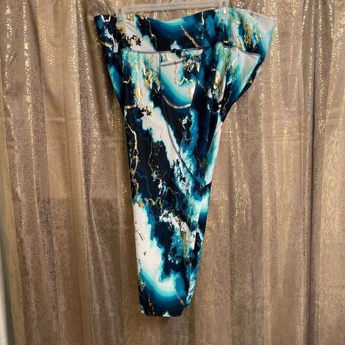 Old Navy marbled teal blue metallic gold high rise leggings 4X