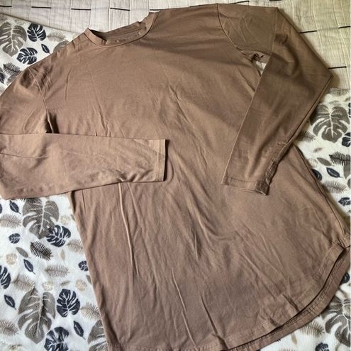 Round Long Sleeve Longline T-Shirt Brown