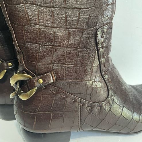 Anthropologie Biviel Chocolate Brown Croc Embossed Leather Mid