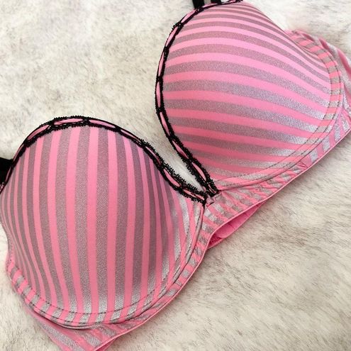 Victoria’s Secret Plunge Push Up Bra 34D Pink White Striped Underwire Padded