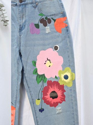 Misslook Jeans Size Small Floral Denim Blue Painted Embellished Distressed