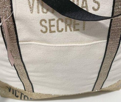 Victoria's Secret Canvas Tote Structured Shoulder Bag Gold Glitter Cream  Color