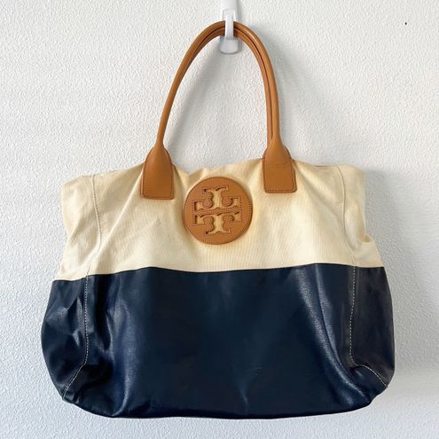 TORY BURCH MULTICOLOR CANVAS LEATHER TRIM LARGE TOTE SHOULDER BAG