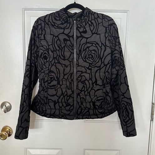 Puffer Jacket Black Rose Flocked Size Medium Floral Fabletics