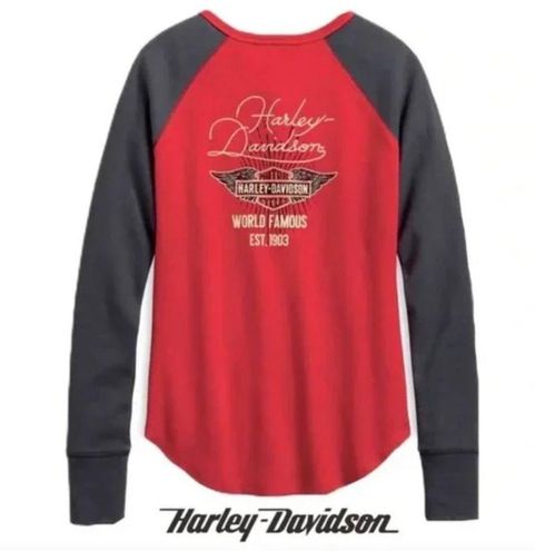 Harley-Davidson Top M Embroidered Thermal Henley Colorblocked Red Gray Moto  Size M - $32 - From Cageys