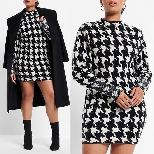 EXPRESS Houndstooth Mock Neck Padded Shoulder Sweater Dress in Black &  White Size L - $76 New With Tags - From Vonnah