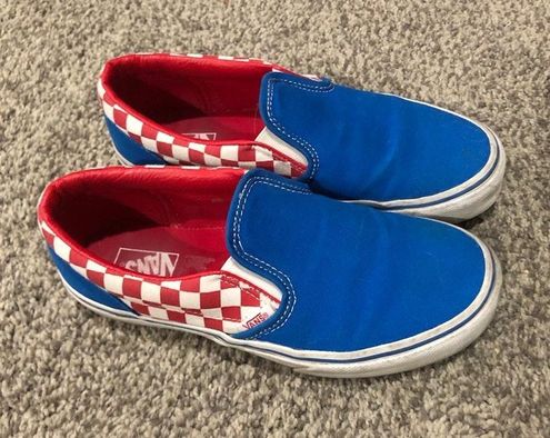 red and blue slip on vans