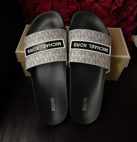 Michael Kors Women's Demi Flat Slide Sandals Mini MK Logo Black/Silver 11M  NIX Size 11 - $69 New With Tags - From daisy