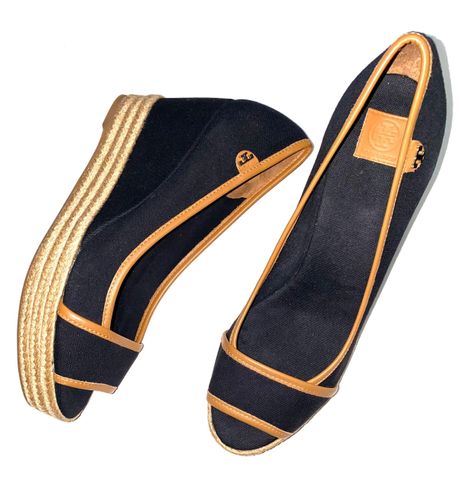 Tory Burch Majorca Black Canvas Tan Leather Peep Toe Wedge Espadrilles Size  11 - $99 (56% Off Retail) - From Worthy