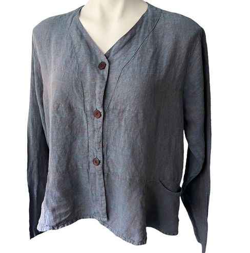 Flax Blue/Orange By Jeanne Engelhart Peplum Button-down Linen Top Size M -  $32 - From Gary