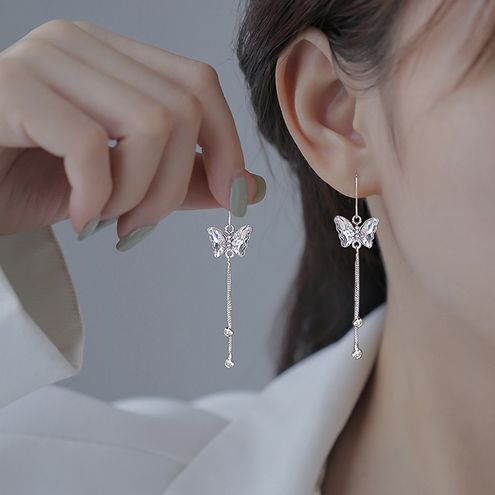 CZ Symmetrical Butterfly Fringed 925 Silver Tassel Round Drop Earrings for  Lady