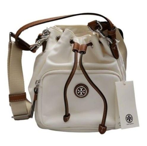 Tory Burch Virginia Recycled Nylon Bucket Bag In White/silver