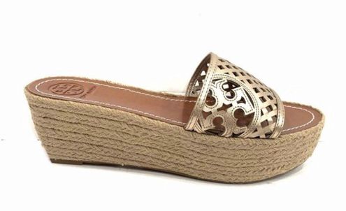 Tory Burch Tatched Perforated Metallic Gold Leather Espadrille Platform  Sandals Size  - $120 - From Glam