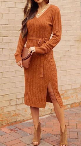 Merokeety Women's V Neck Cable Knit Sweater Dress Long Sleeve