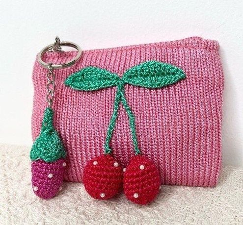 The Sak Crochet Pink Coin Purse Small Pouch Cherries Strawberry Charm Key  Ring - $22 - From Emmie